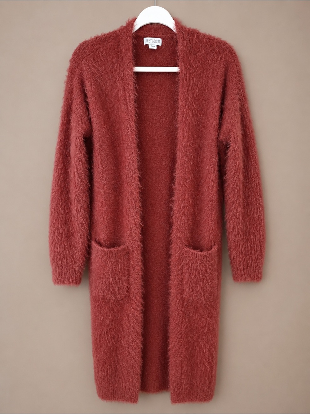 ruby moon Long Open-Front Fuzzy Cardigan in Rust